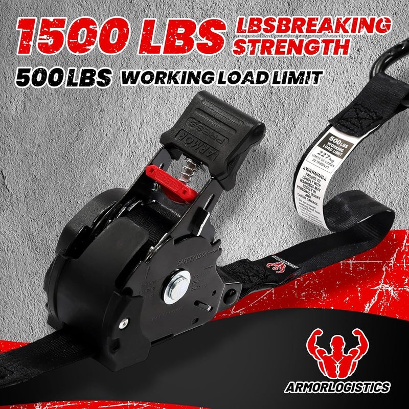 ARMORLOGISTICS Retractable Ratchet Straps 4 Pack, 1500LBS Break Strength Self Retracting Tie Down Straps, 1" x 12' Auto Ratchet Straps for Motorcycle, Kayak and Trucks, Black - Image 2